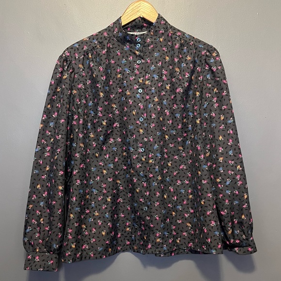 Vintage 70s mock neck secretary blouse abstract flower fruit print - Picture 2 of 10